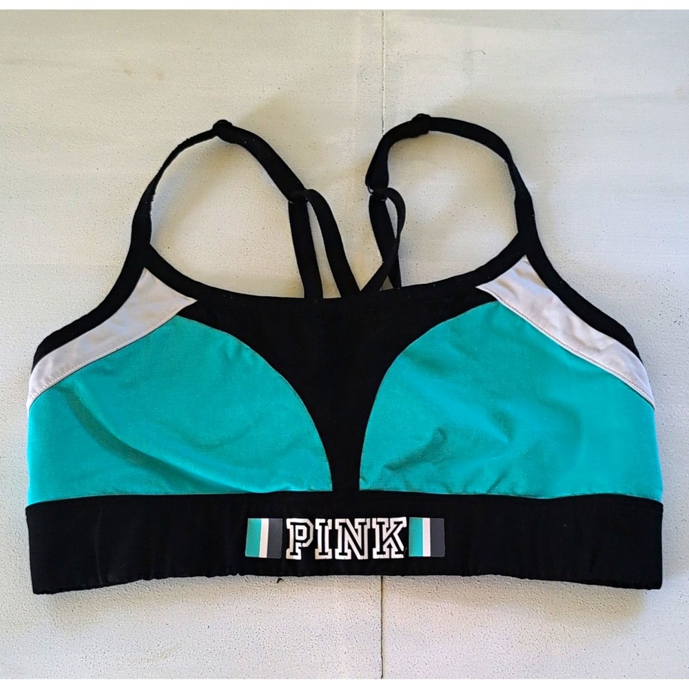 PINK Victoria's Secret Women's Sports Bra M Strappy Wireless Teal Black White